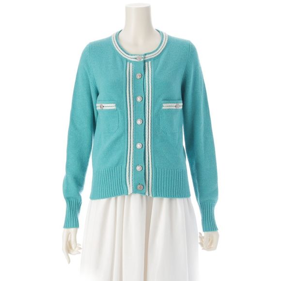 Chanel Cashmere Coco Button Coco Mark Knit Jacket P43007 Light Blue White 36 - Picture 1 of 10